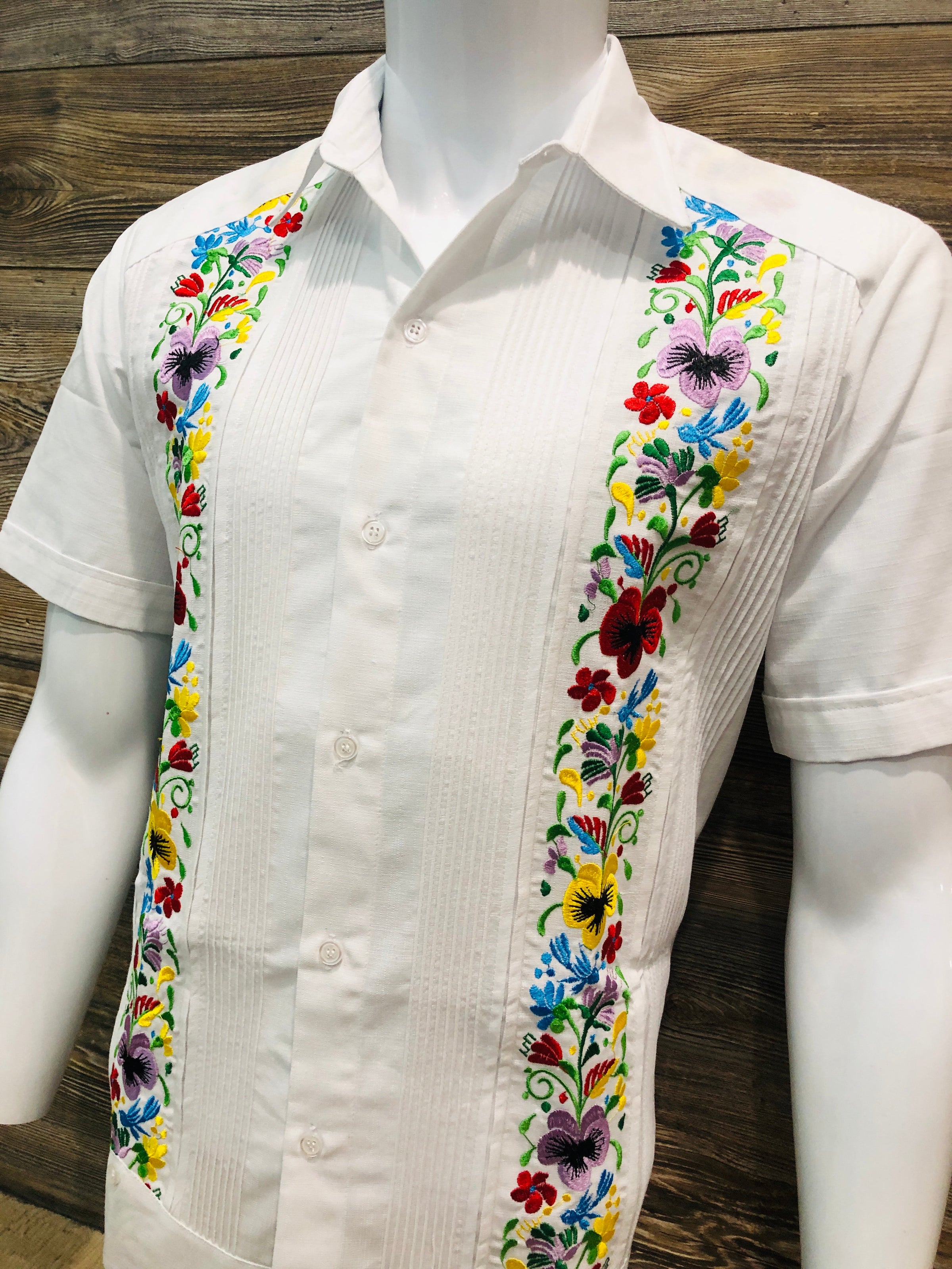 Guayabera Shirt Multi-Color Flower Embroidery Short Sleeve