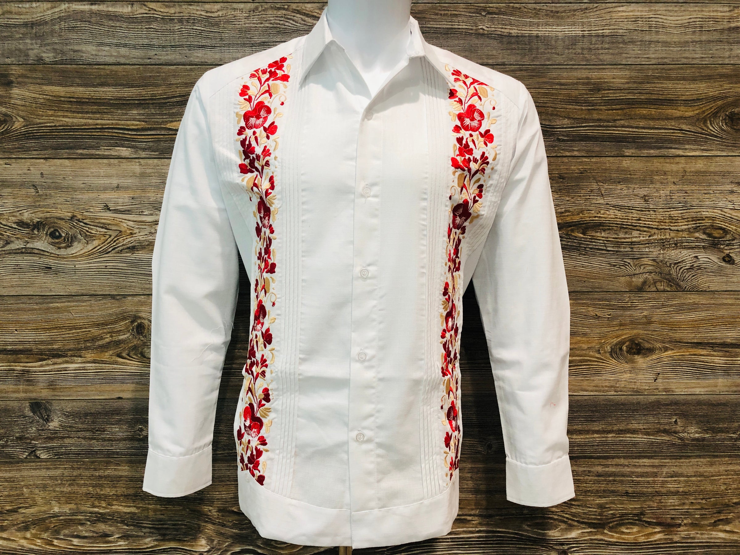 Guayabera Wedding Shirt Long Sleeve Red & Gold Flower Embroidery |  Guayaberas y Mas Boutique 1749 N. Topeka Wichita KS 67214