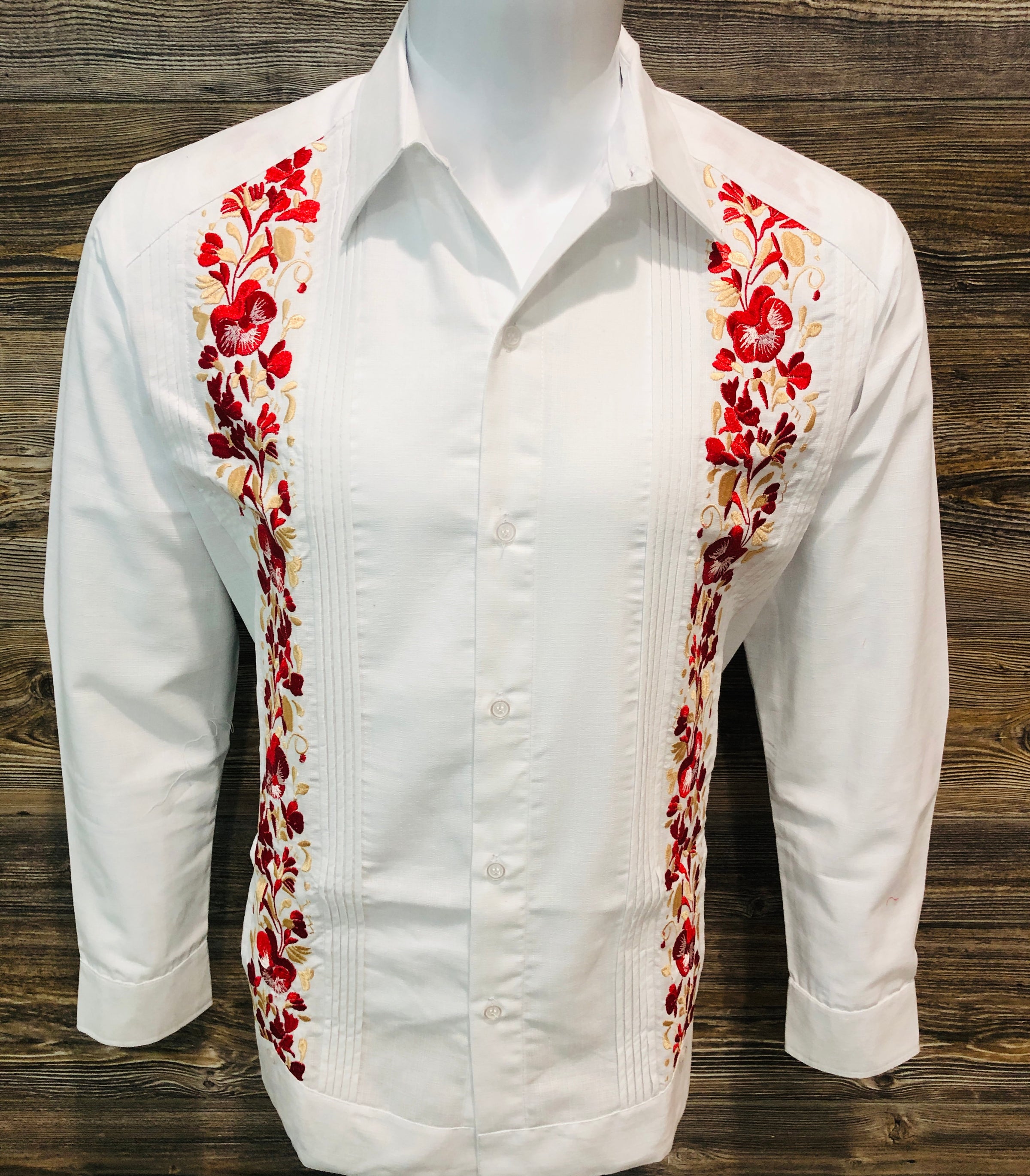 Guayabera Wedding Shirt Long Sleeve Red & Gold Flower Embroidery
