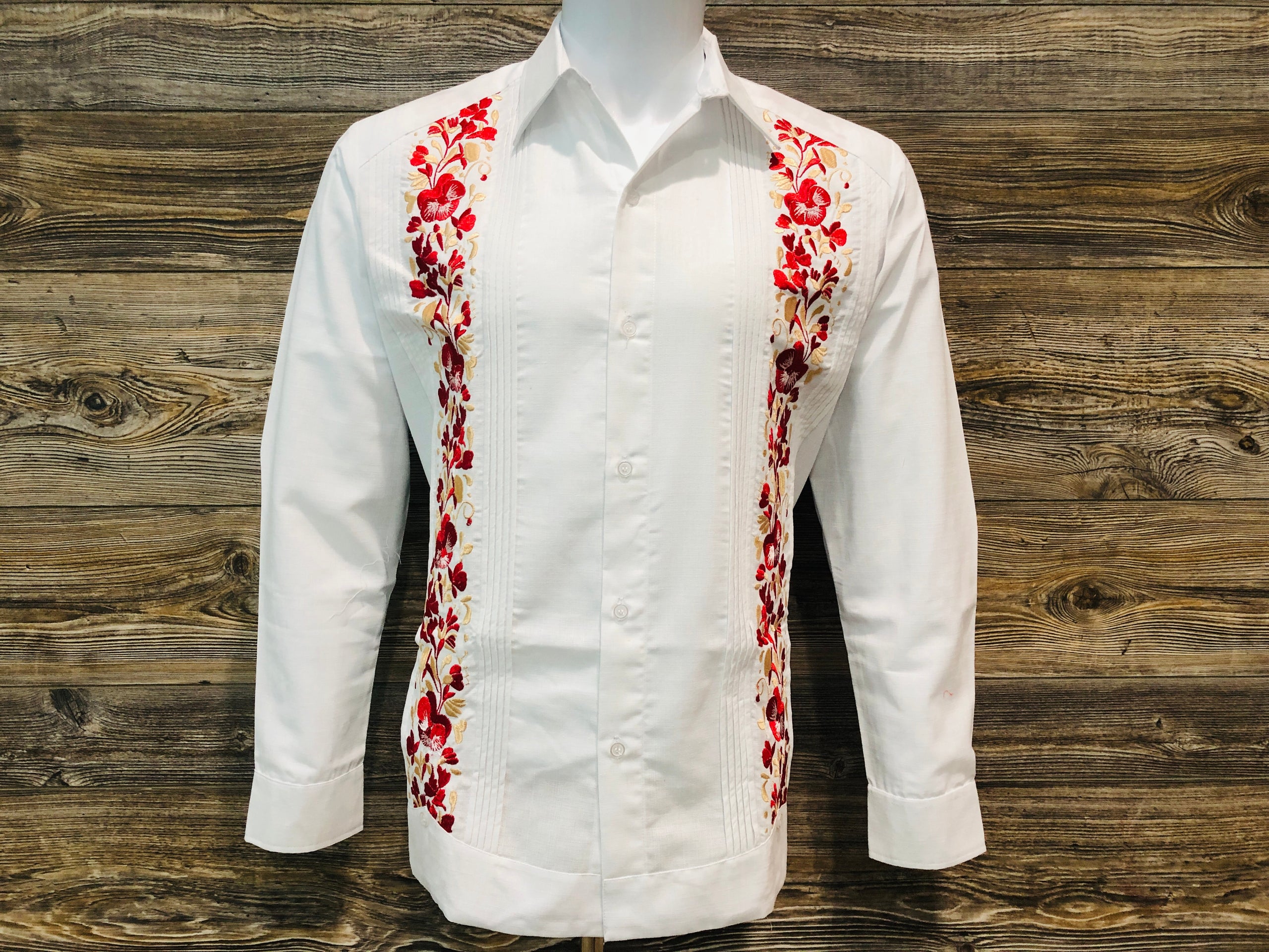 Guayabera Wedding Shirt Long Sleeve Red Gold Flower Embroidery Guayaberas y Mas Boutique 1749 N. Topeka Wichita KS 67214