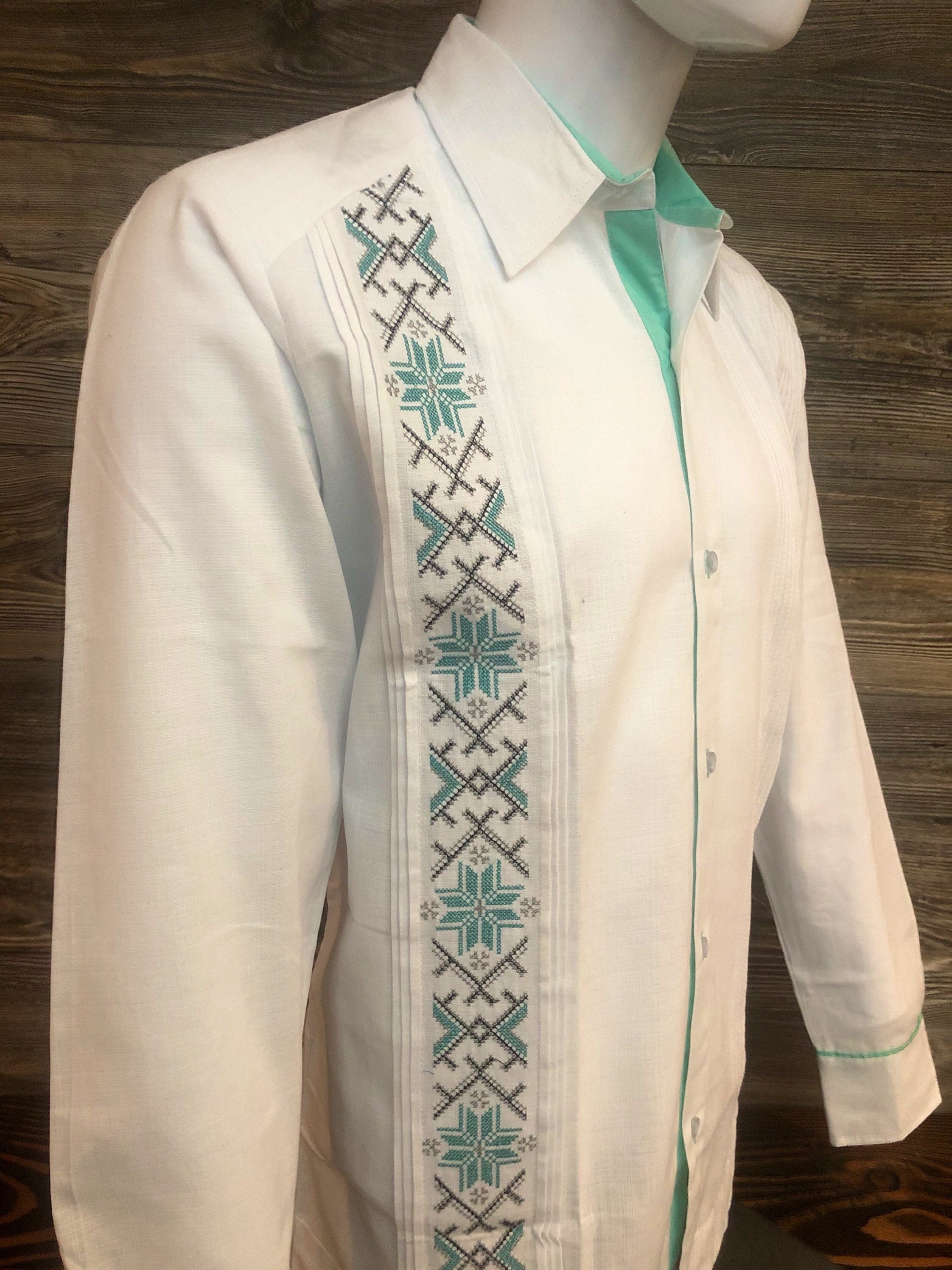 Mexican Guayabera Aqua Cross Stitch Long Sleeve Guayaberas y Mas