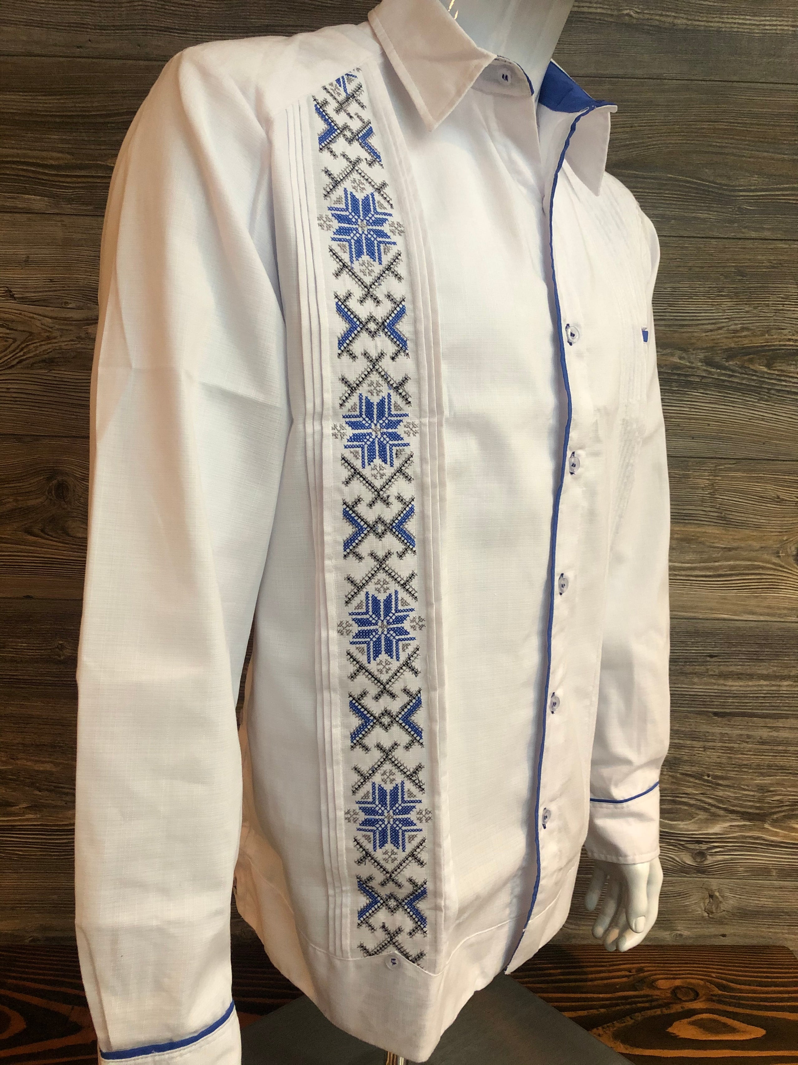 Mexican Guayabera Wedding Shirt Long Sleeve Blue Double Embroidery