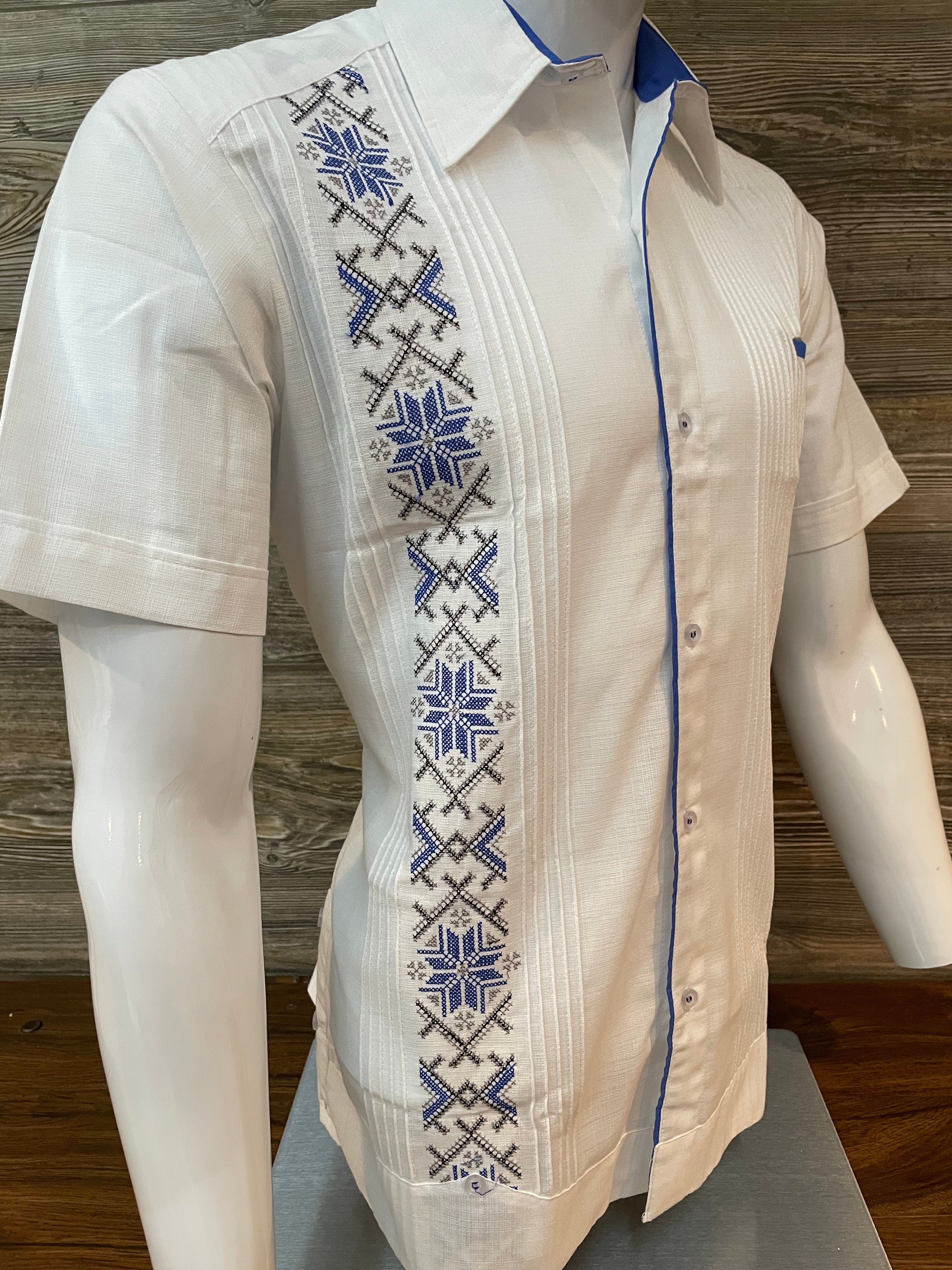Guayabera Short Sleeve White Linen Royal Blue Embroidery